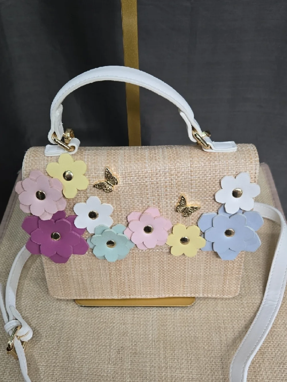 SALE! NWOT! Betsey Johnson Beige Straw Satchel with Flower Accents